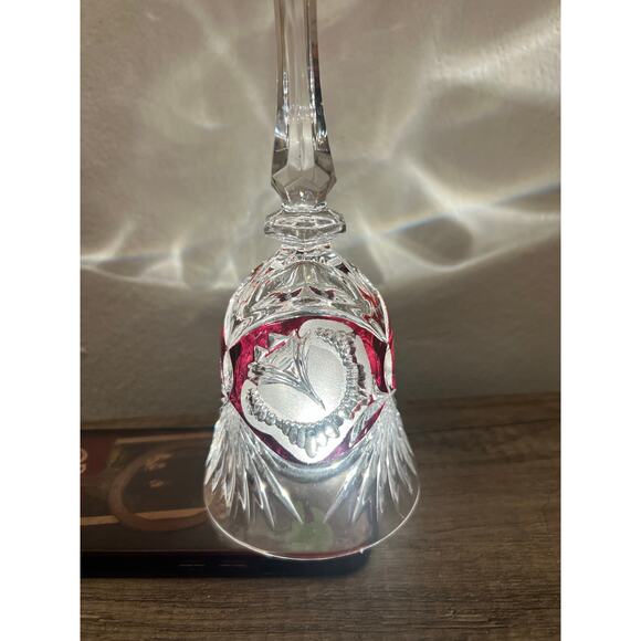 Cut to Clear Crystal Bell Red Overlay Floral Design – 8” Vintage Style - Picture 11 of 14
